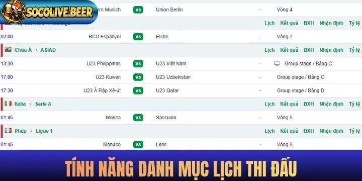 Các tính năng đặc biệt có mặt trong mục lịch thi đấu online